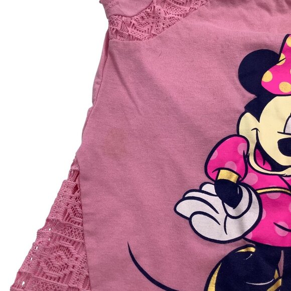 Disney Minnie Mouse Toddler Pink Shirt Lace Accents Size 4T Short Sleeve Cotton - Picture 8 of 11